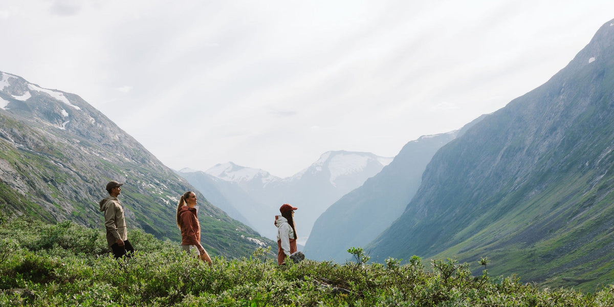 Turgåere på fjelltur med utsikt over fjord og snødekte fjell